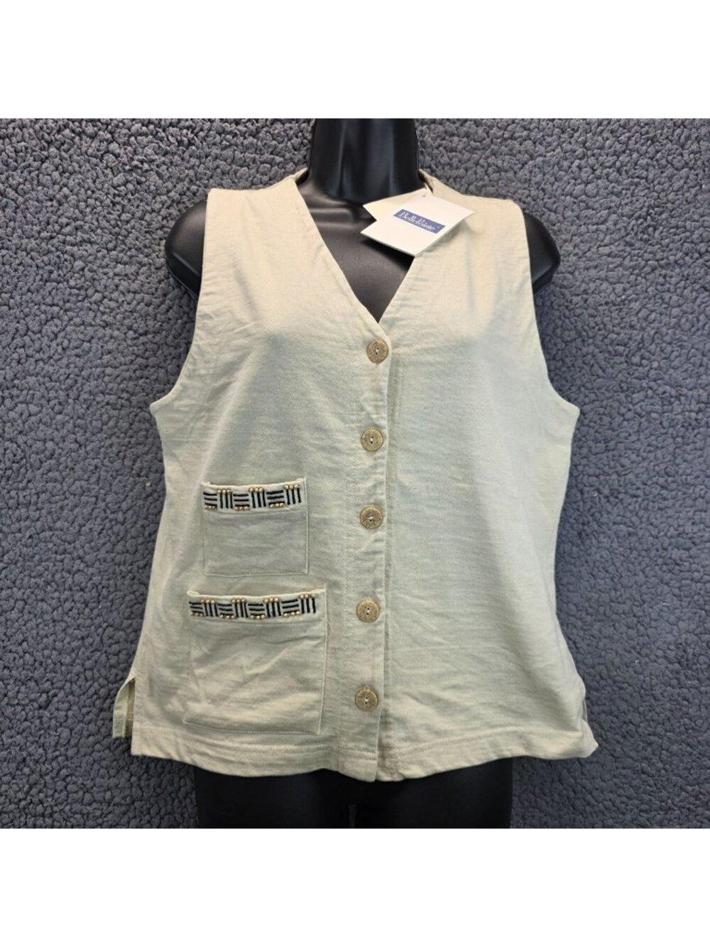 Vintage BellePointe Linen Two Pocket Vest S Cream Coastal Embellished Old Money